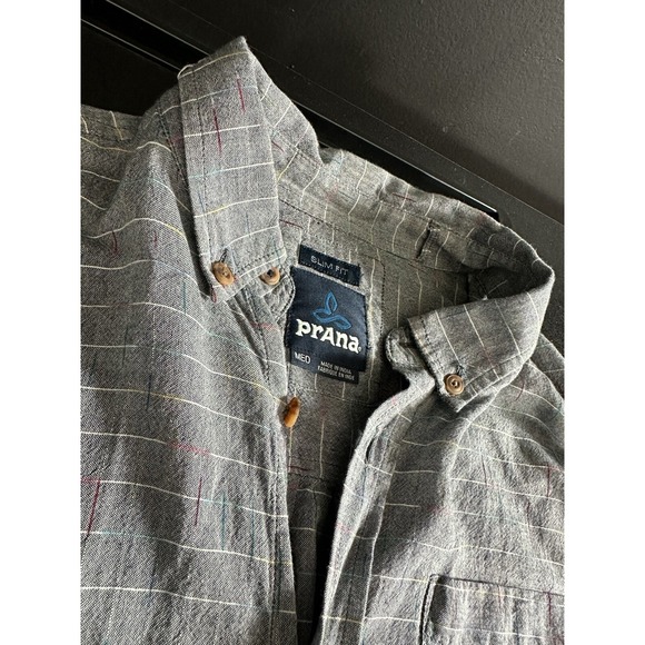 PrAna Button Down Shirt Organic Cotton Men's M Gray Gorpcore Outdoors Slim - Picture 1 of 9